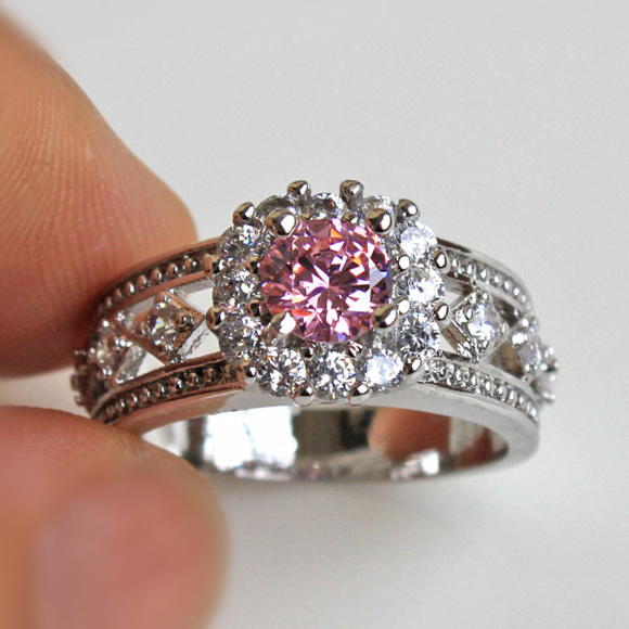 White Gold Pink Topaz Flower Rhombus Ring Size 10 - Picture 2 of 3